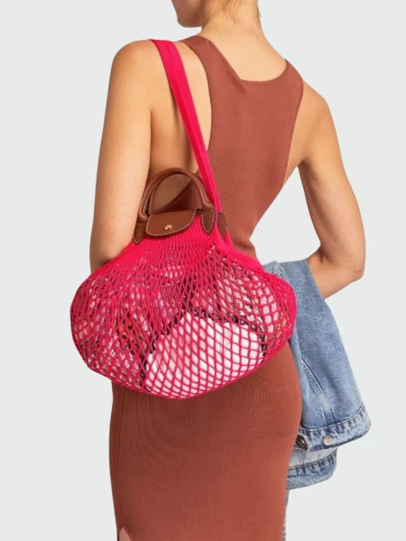 Longchamp -Cartera Longchamp de red, Le pliage Filet Fucsia