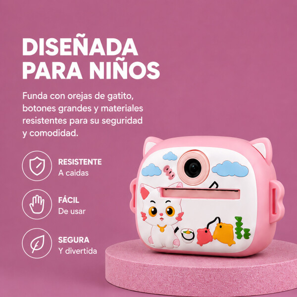Cámara Gatito Infantil Instantánea 48MP Con Juegos Y Música Color Rosa