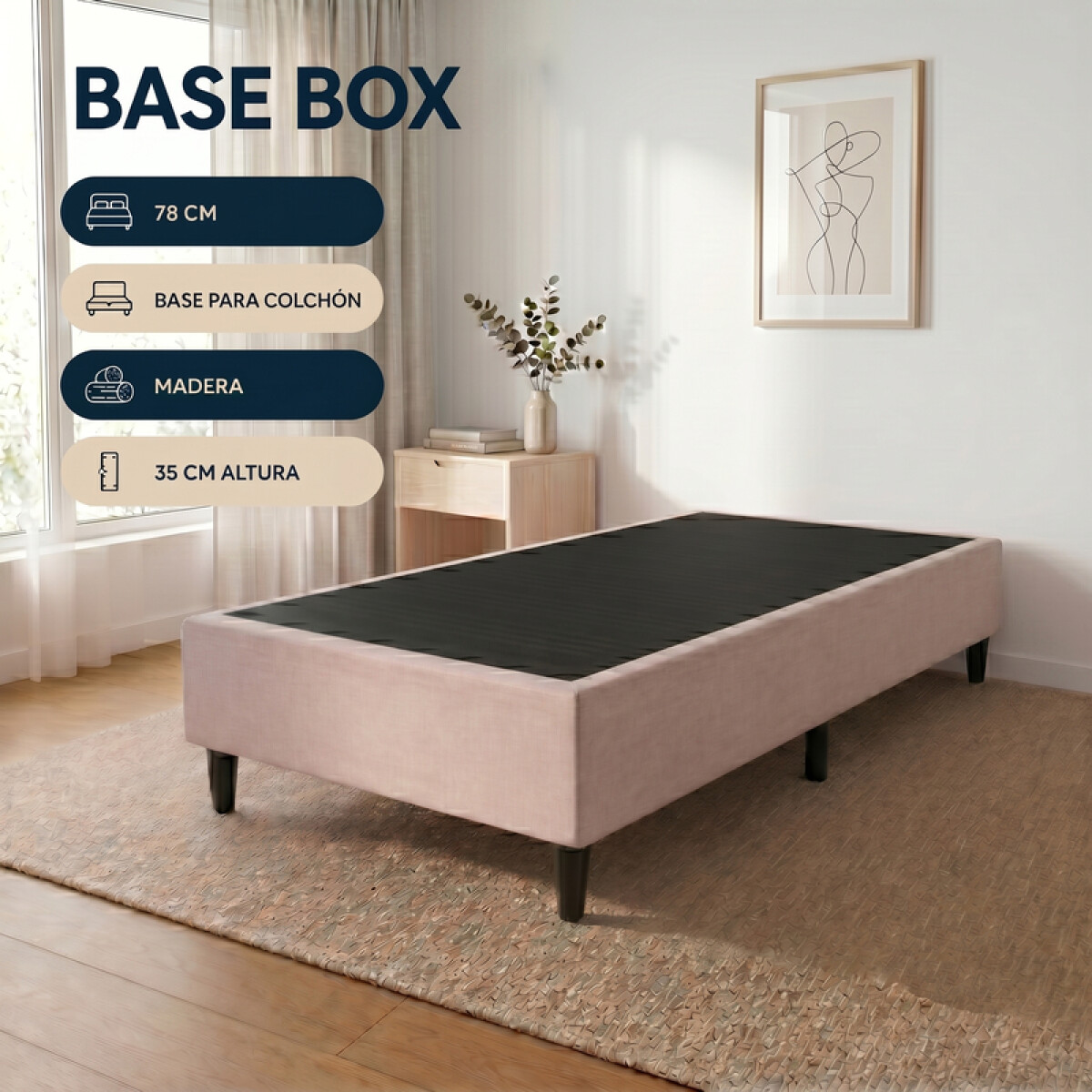 Base BOX Una Plaza 78x188x35 cm – Soporte Firme para Colchón | Beige 