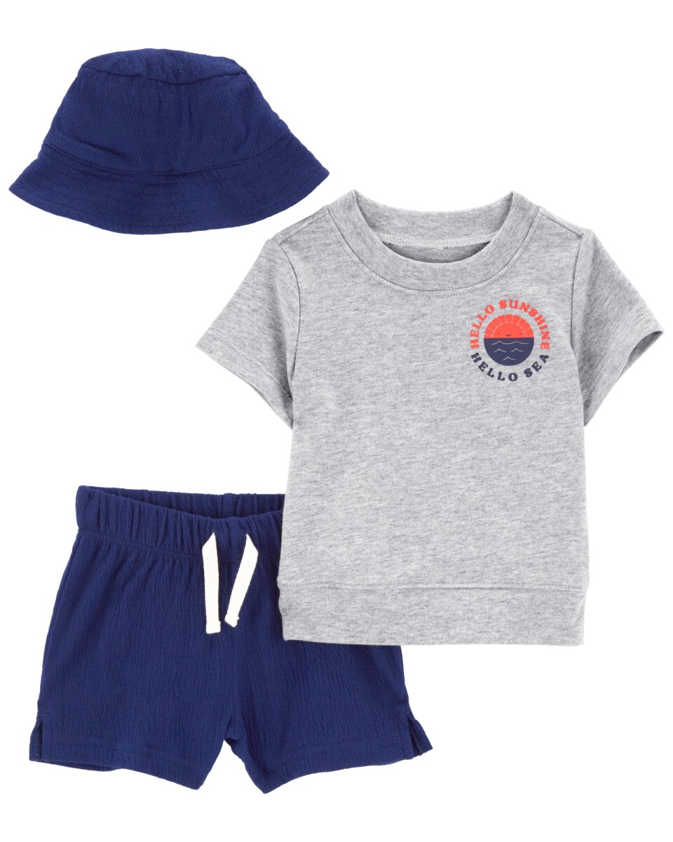 Set tres piezas, short y gorro de jersey arrugado más buzo de algodón 