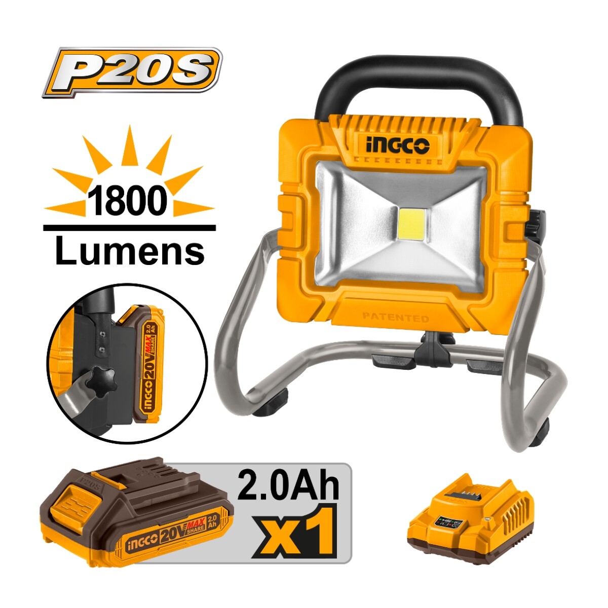 Foco Led a Bateria 20V P20S Ingco con Bateria y Cargador 