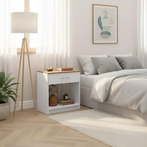 Mesa de Luz Italia - 1 Cajón y Nicho - MDP y ABS - 55cm Alto - Blanco / Miel Mesa de Luz Italia - 1 Cajón y Nicho - MDP y ABS - 55cm Alto - Blanco / Miel