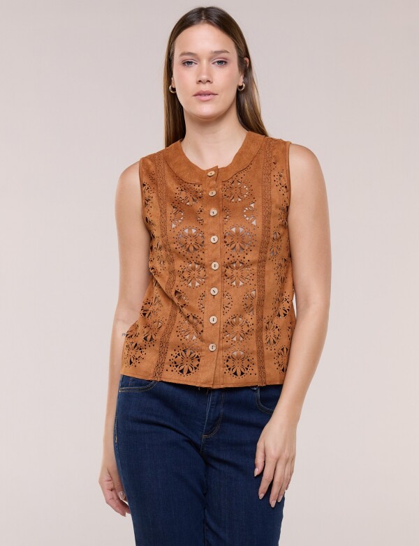 Blusa Boho De Suede Abotonada Con Calado Artesanal TOSTADO