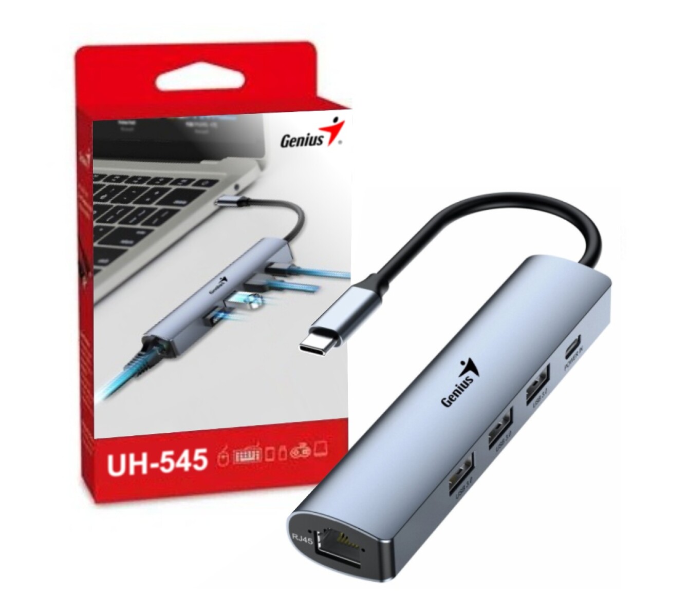 Hub Genius USB-C a USB-A, USB-C y RJ-45 