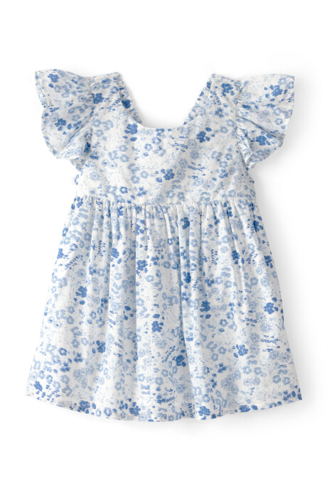 Vestido de algodón, mangas con volados, blanco y azul, diseño floral Sin color