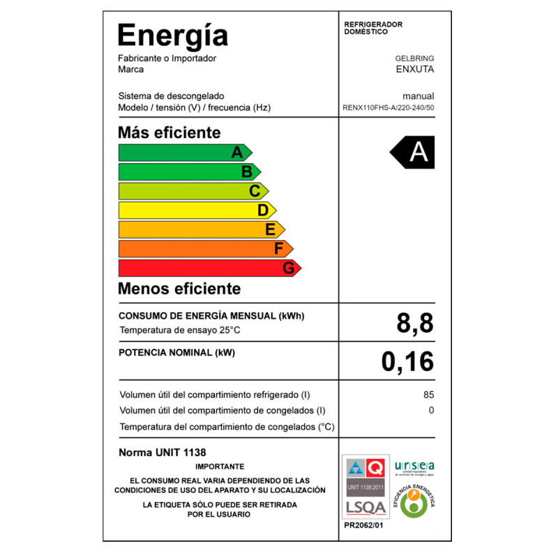 FRIGOBAR ENXUTA RENX 110FHS-A Plata -Frío Humedo 86L N/A