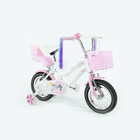 Bicicleta queen rodado 12 con rueditas y canasto BLANCO-ROSA