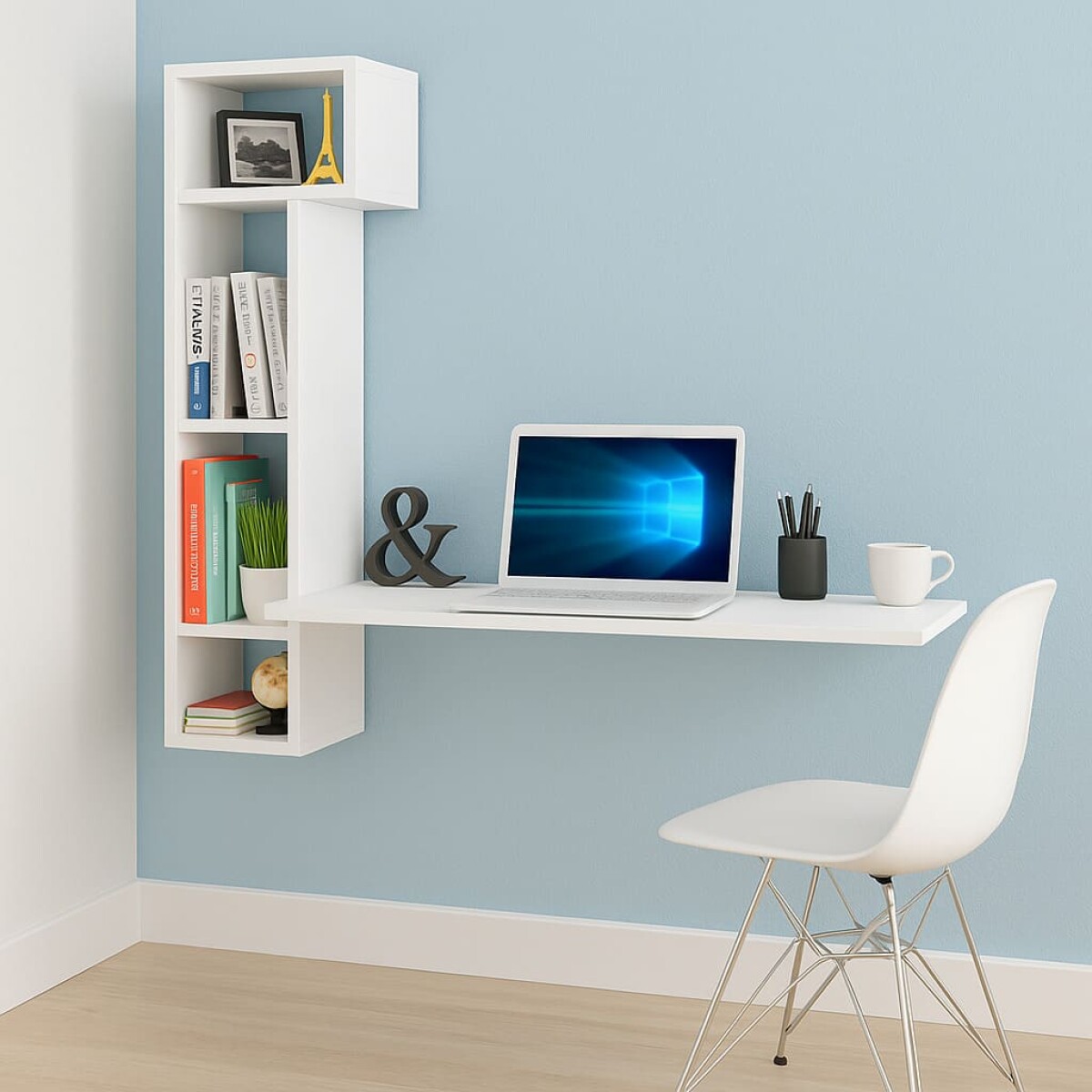 Escritorio suspendido con repisa lateral y estantes de colgar 