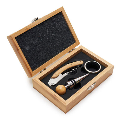 Set de Vino 3 Accesorios con Sacacorchos y Estuche en Madera Natural