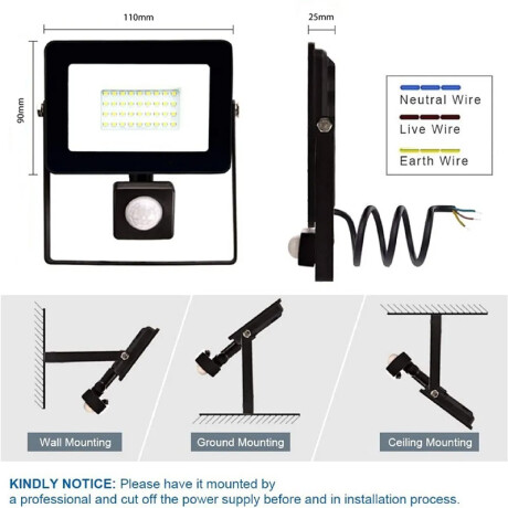 FLAM010 Proyector LED Sensor Movimiento 10W Luz Cálida