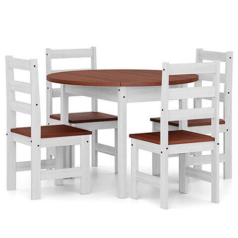 Juego DE COMEDOR REDONDO con ALAS 4 SILLAS Blanco-Nogal N/A