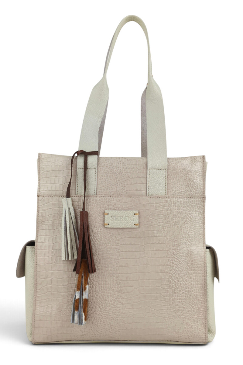 Bolso Tote de Cuero Vacuno y Pelo Natural Croco beige
