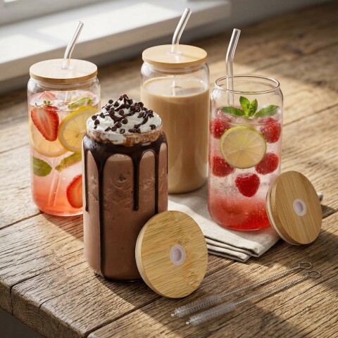 Set X4 Vasos De Vidrio Con Tapa Madera Bambu y Sorbetes 400ml IMBACK Set X4 Vasos De Vidrio Con Tapa Madera Bambu y Sorbetes 400ml IMBACK