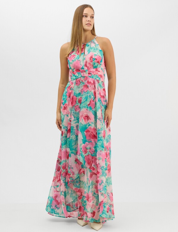 Vestido Largo Estampado Floral Con Cuello Halter MULTI/ROSA