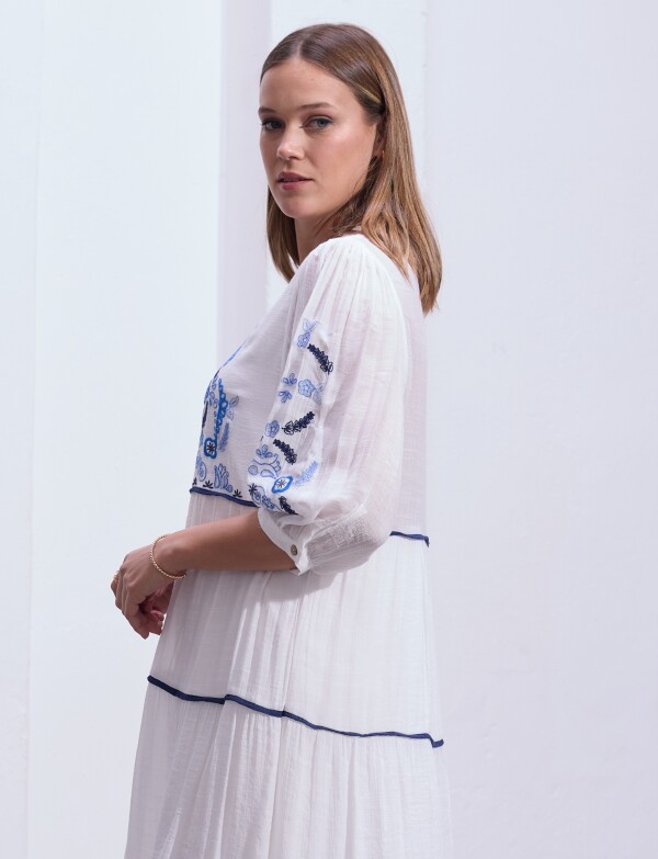 Vestido Det Bordado BLANCO/AZUL