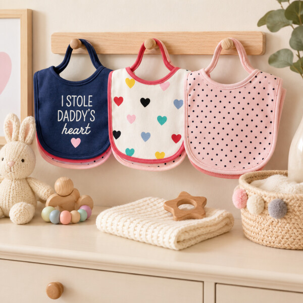 Set Baberos Para Bebé X3 Algodón Frases Surtidas Velcro Rosa