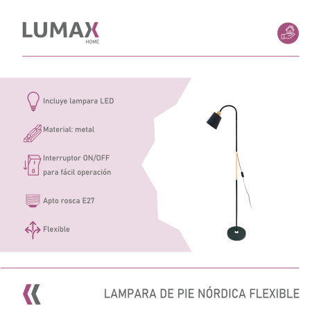 Lámpara De Pie Lumax Nórdica Flexible 1.5 M Negro