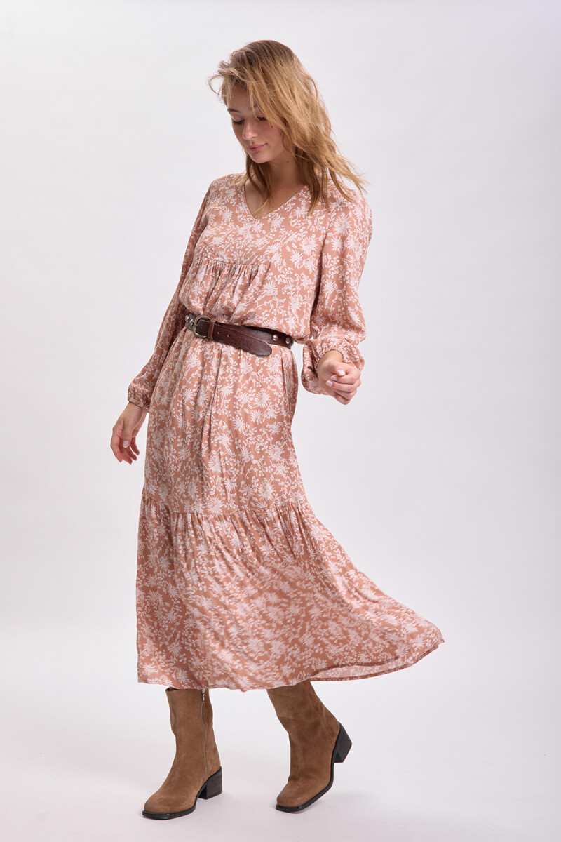 Vestido largo paneles estampa boho Tostado