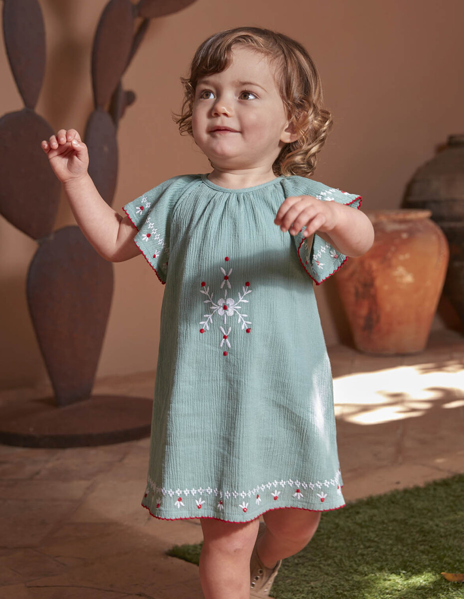 Vestido Bordados A Contraste - Verde Nuevo 