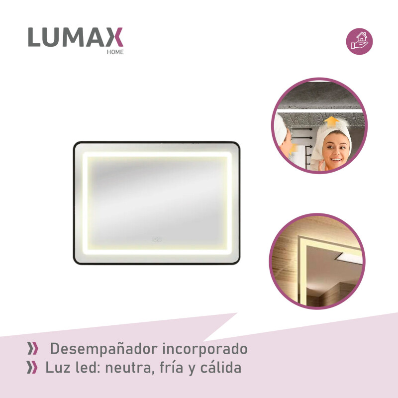 Espejo Luz LED Lumax 90x70 cm Horizontal Desempañador Baño Iluminación Fría Touch Espejo Luz LED Lumax 90x70 cm Horizontal Desempañador Baño Iluminación Fría Touch