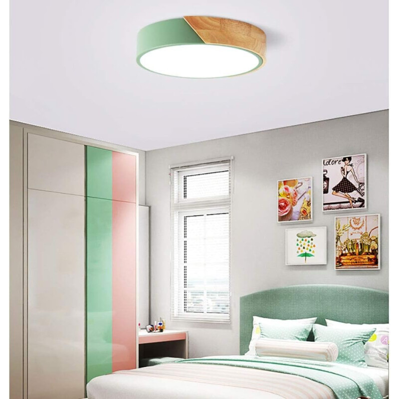 Luminaria Luz Fria Plafon Led Diám 30cm Metal Y Madera Verde