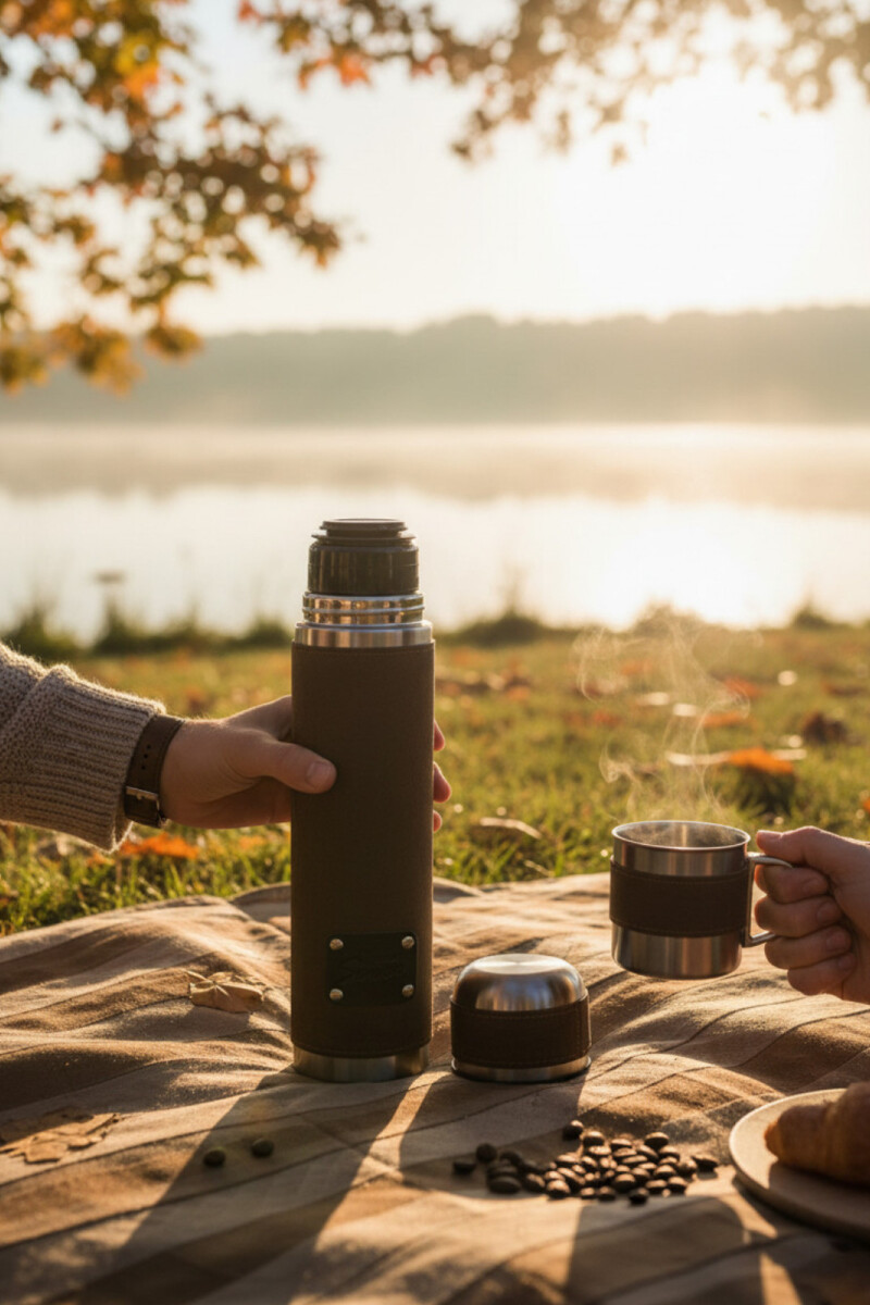 Termo de litro forrado en cuero Chocolate
