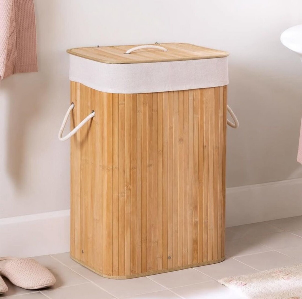 Cesto Baño y Lavandería Rectangular Ropa Sucia Bambú Con Tapa Gran Capacidad 41cm x 31cm x 50cm 