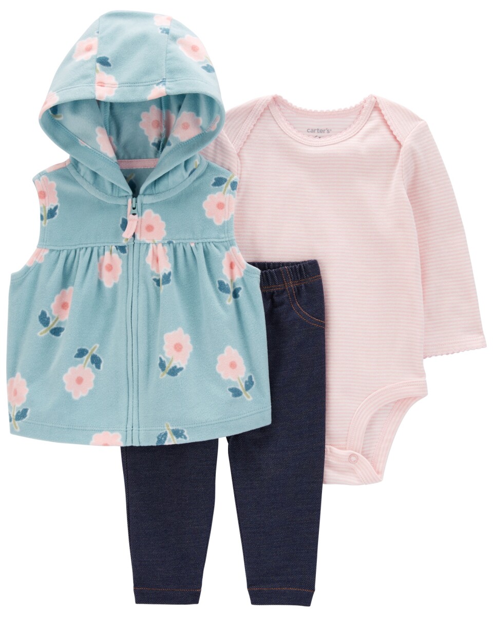 Set tres piezas, chaleco de micropolar, pantalón y body de algodón, diseño floral 