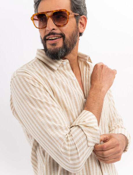 Camisa m/l efecto lino rayada beige