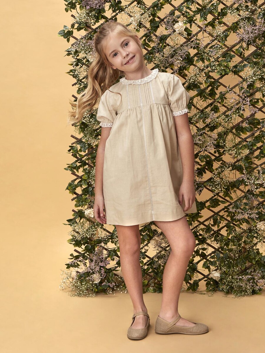 Vestidode Lino Con Tiras Bordadas Marron