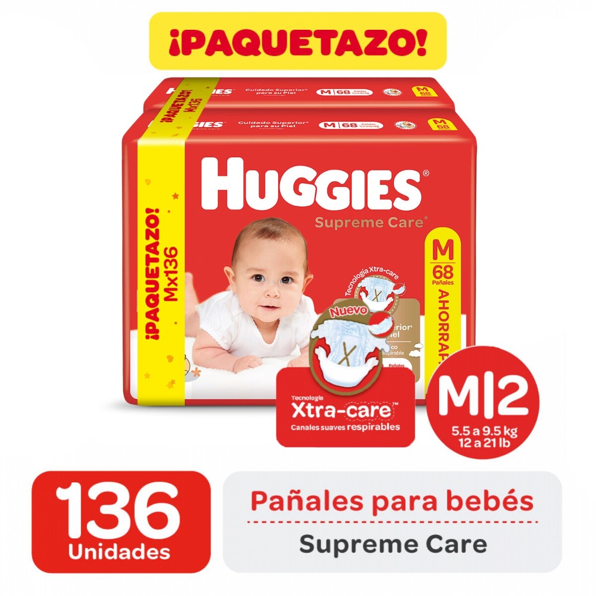 Pañales Huggies Supreme Care Talle M 136 Uds. 
