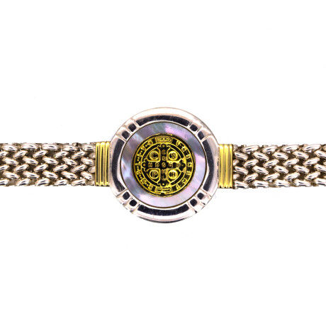 Pulsera religiosa de plata 925, double en oro 18 ktes y nácar, SAN BENITO. Pulsera religiosa de plata 925, double en oro 18 ktes y nácar, SAN BENITO.