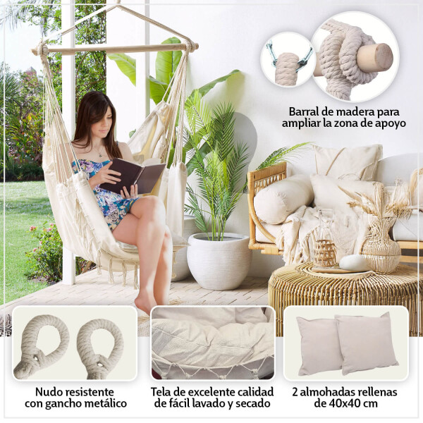 Sillón Colgante Hamaca Paraguaya de Jardín con Almohadones Color Beige HSC001 Sillón Colgante Hamaca Paraguaya de Jardín con Almohadones Color Beige HSC001