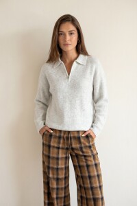 Sweater Polo Medio Cierre Gris Melange