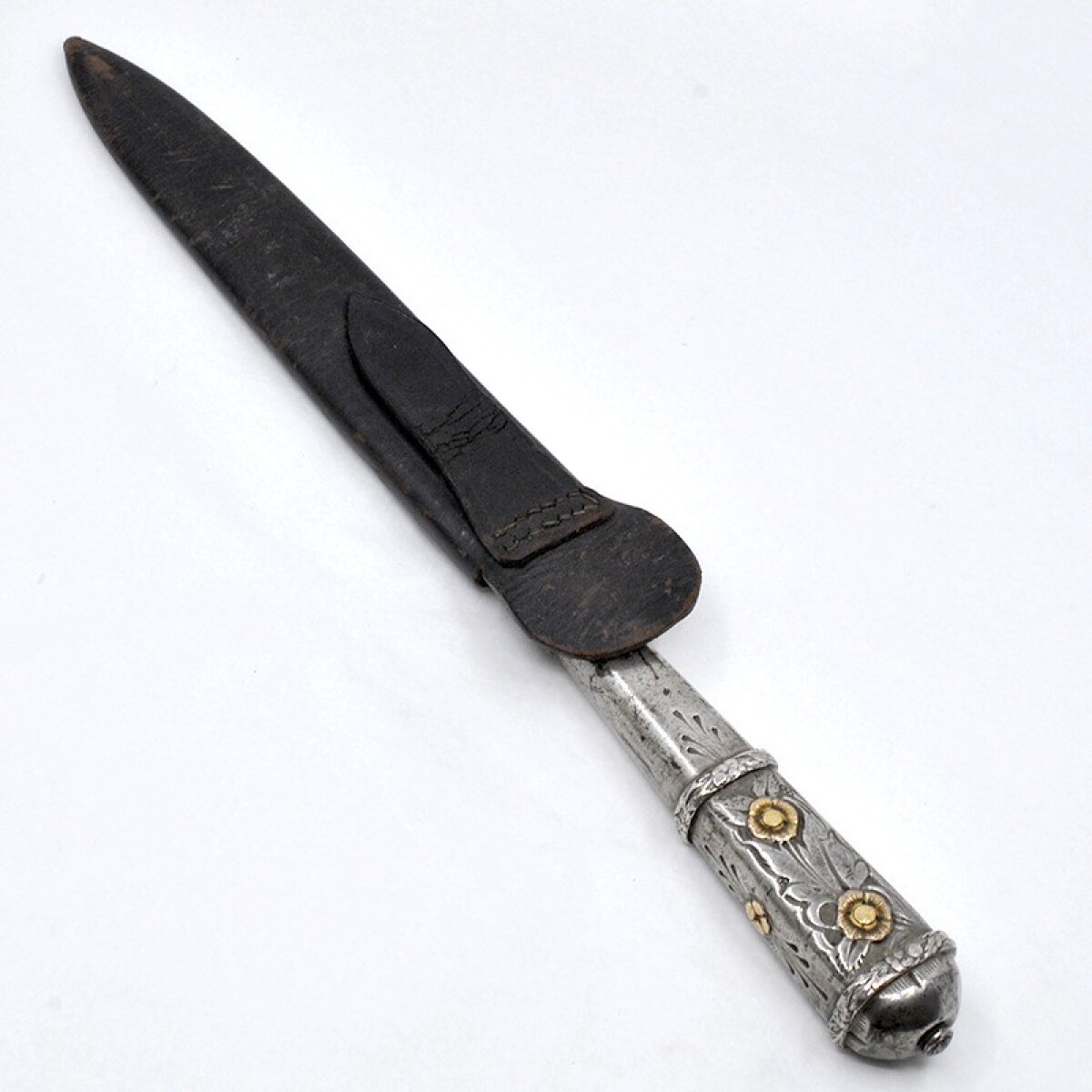 Cuchillo Antiguo Plata Y Oro, Hoja J.M Mailhos " Cazador Al Filo" Acier Fondu, Vaina Cuero 