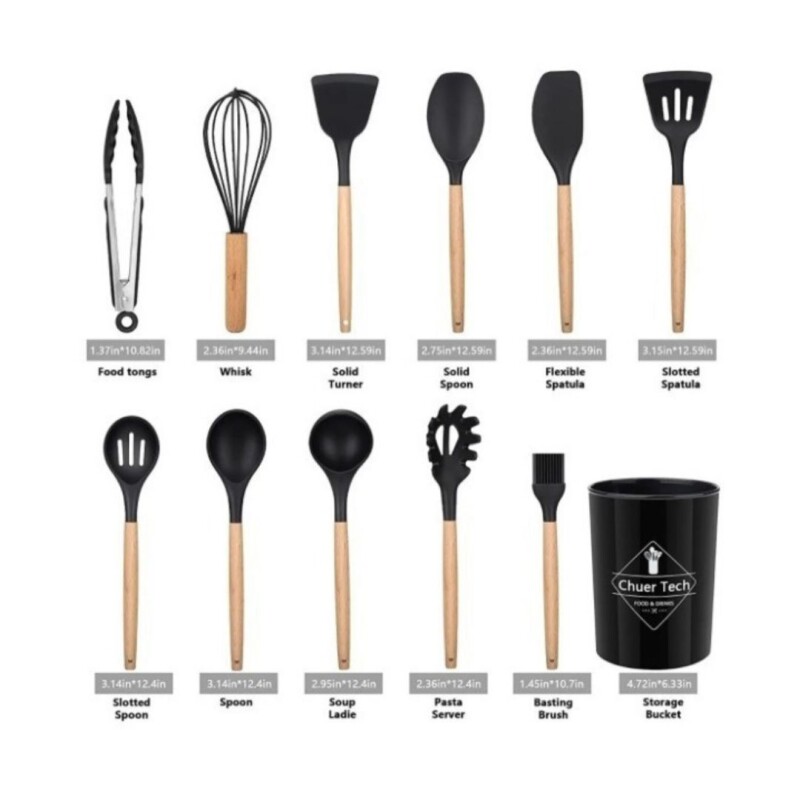 Utensilios Cocina Menage Juego Set X12 Madera Y Silicona Color Negro