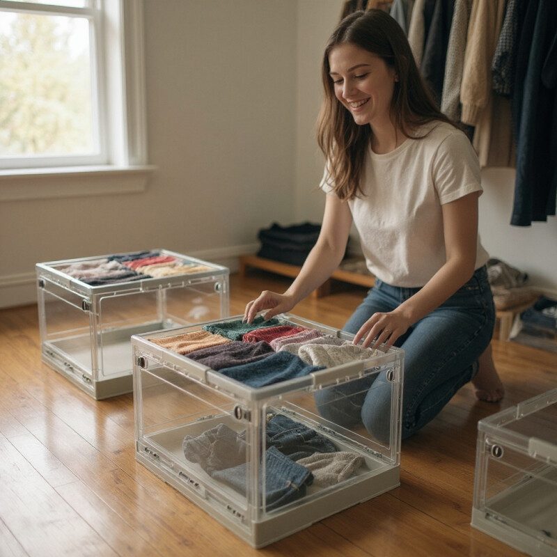 Caja Organizadora Plegable Apilable Plástico Transparente Xl Sin Color