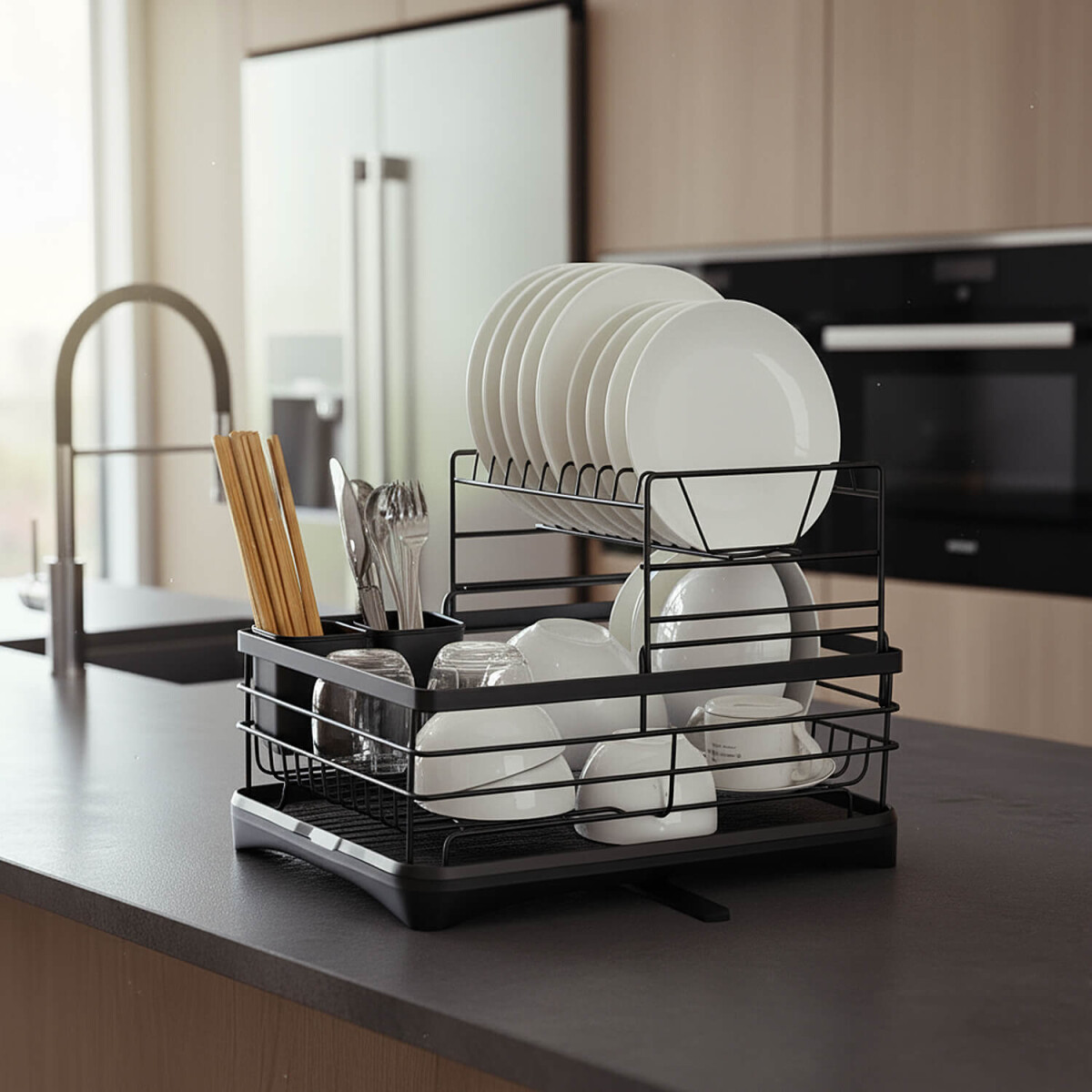 Escurridor Seca Platos Vajilla 2 Niveles Con Bandeja Drenaje Agua Cocina Imback Color Negro 