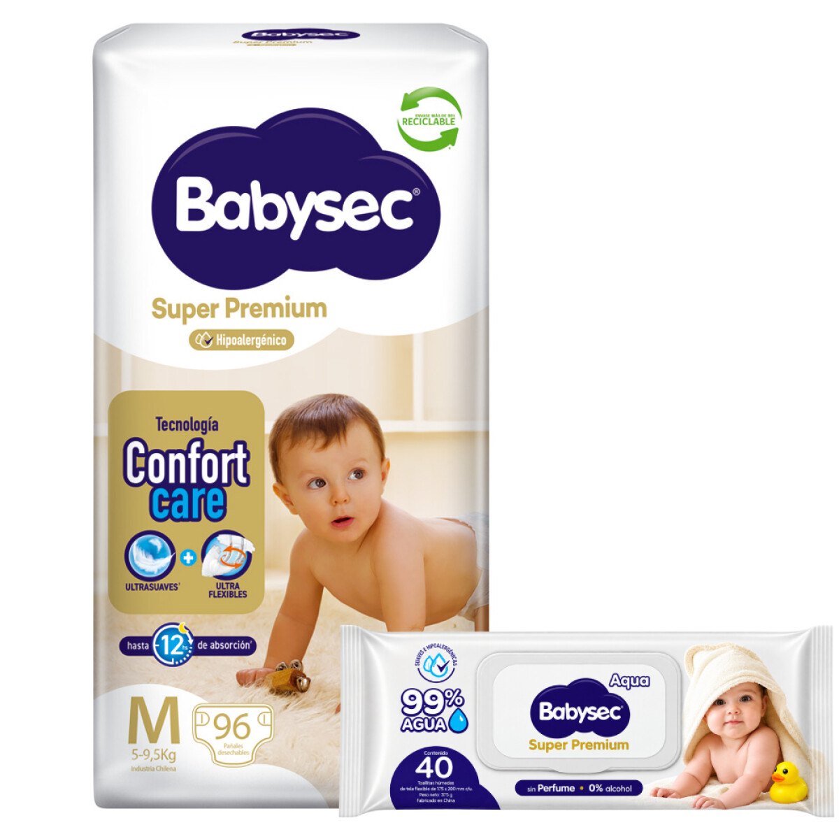 Pack Pañales Babysec Super Premium M 96 Unidades + Toallitas Cuidado Sensible 