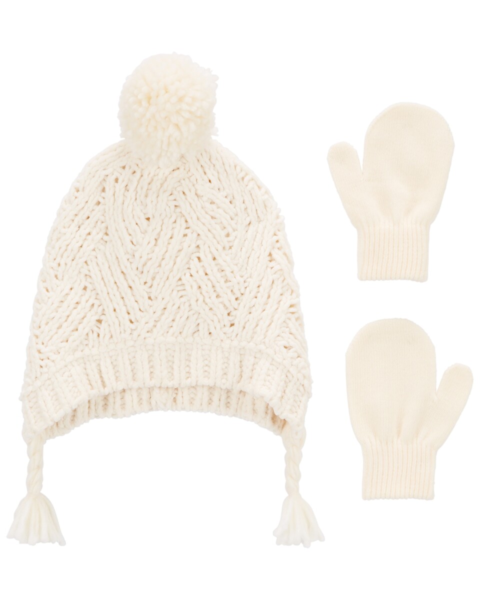 Gorro con pom pom y mitones, marfil. Talles 0/9M - 12/24M 