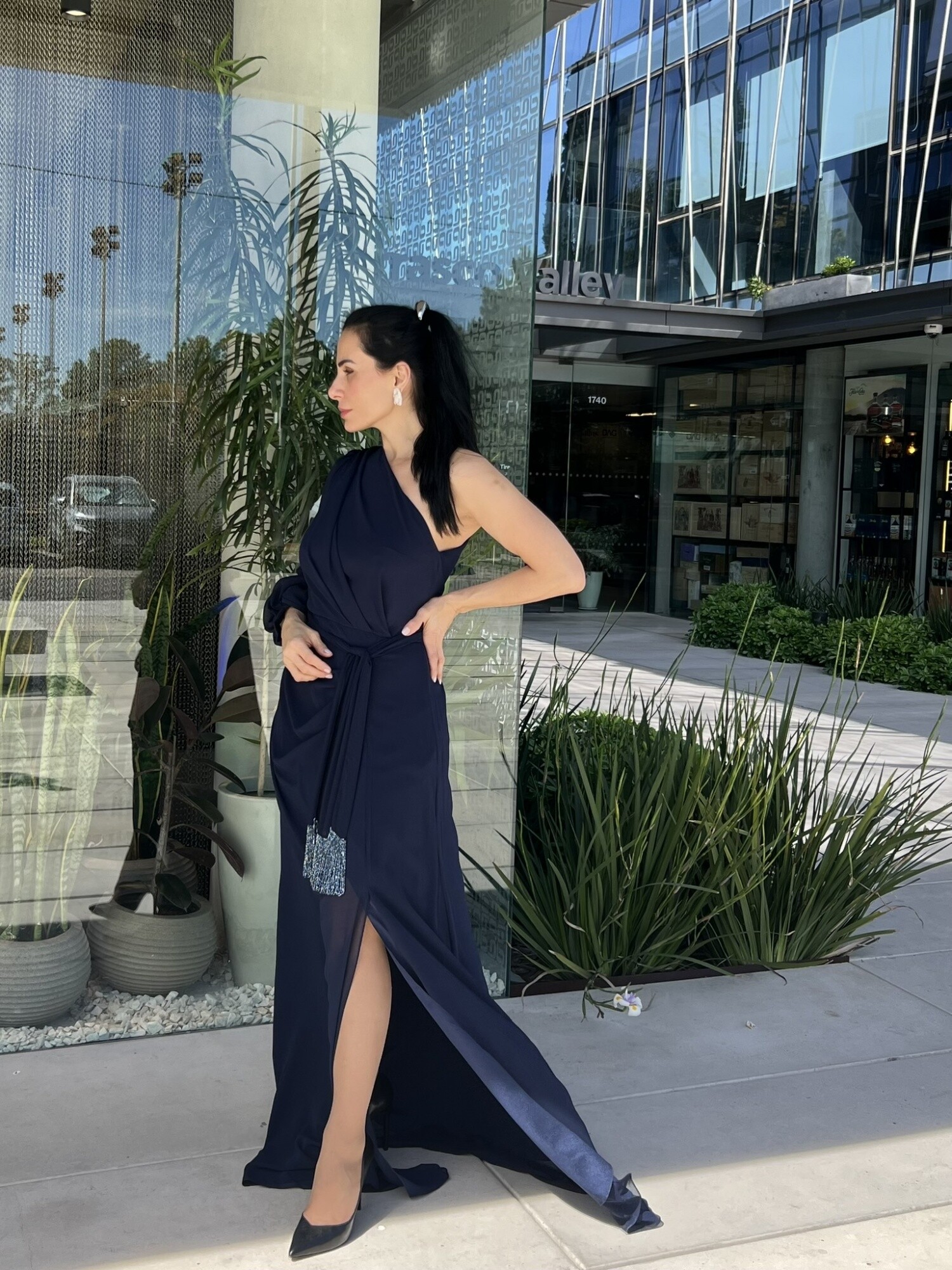 Vestidos de un solo hombro con cuerpo plisado Azul Marino