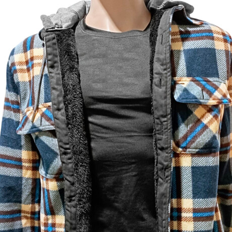 Campera Camisa Leñadora Cangurito Capucha Botones Azul-Beige