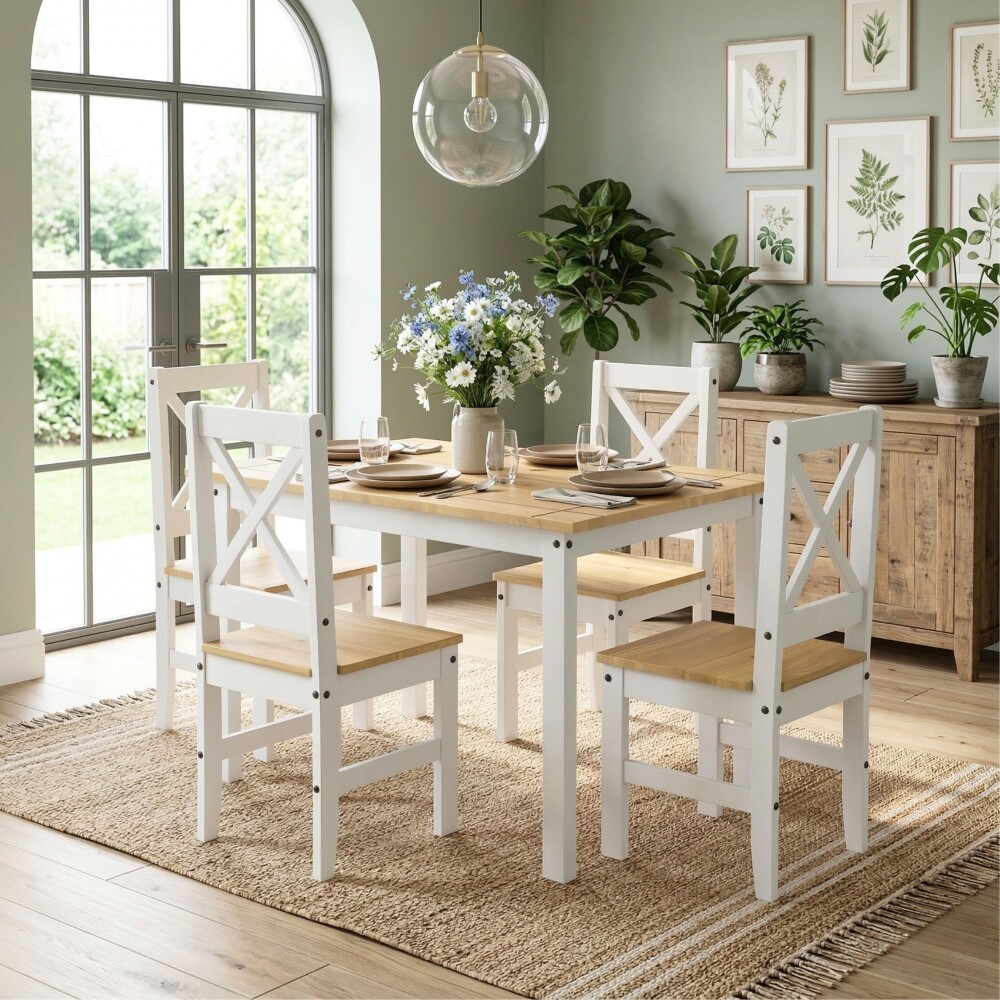 Juego de comedor 4 sillas - Madera maciza - Cruceta Blanco