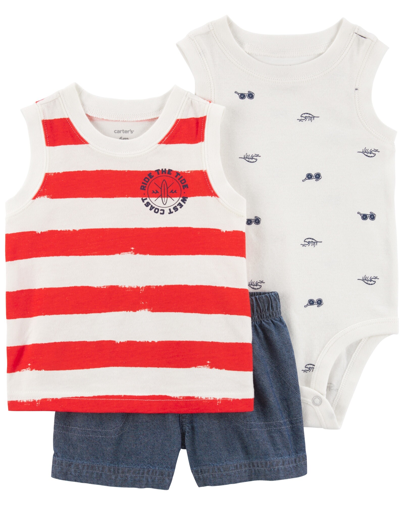 Set tres piezas, short chambray, musculosa y body, diseño costero Sin color