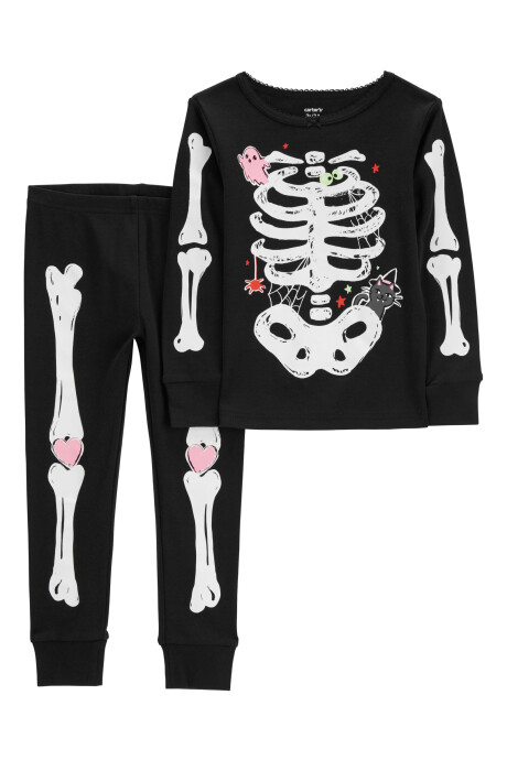 Pijama dos piezas de algodón, diseño esqueleto resplandeciente con fantasma y gato de Halloween. Talles 2-5T Sin color