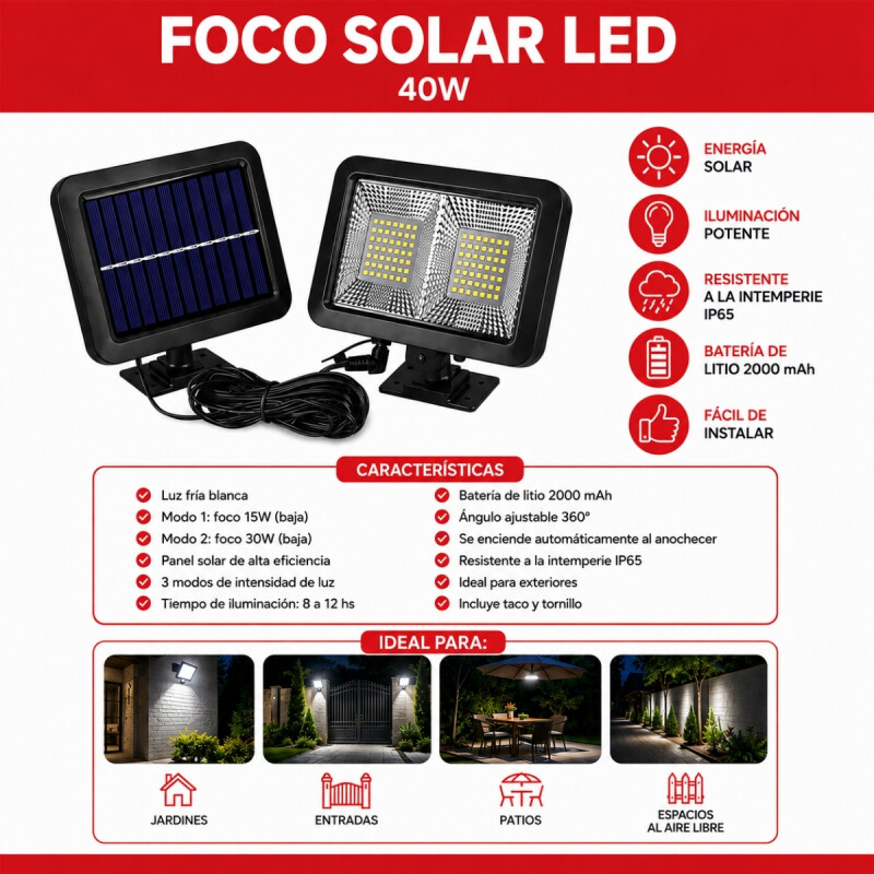 Foco exterior led solar 40W con sensor día noche NEGRO
