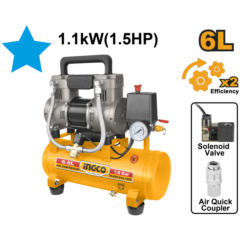 COMPRESOR 6LT 1.5HP LIBRE DE ACEITE BAJO RUIDO INGCO ACS111062 COMPRESOR 6LT 1.5HP LIBRE DE ACEITE BAJO RUIDO INGCO ACS111062