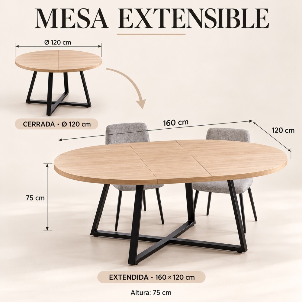 JUEGO DE COMEDOR MESA REDONDA EXTENSIBLE MADERA PATAS EN METAL + 4 SILLAS TAPIZADAS SILLAS BEIGE