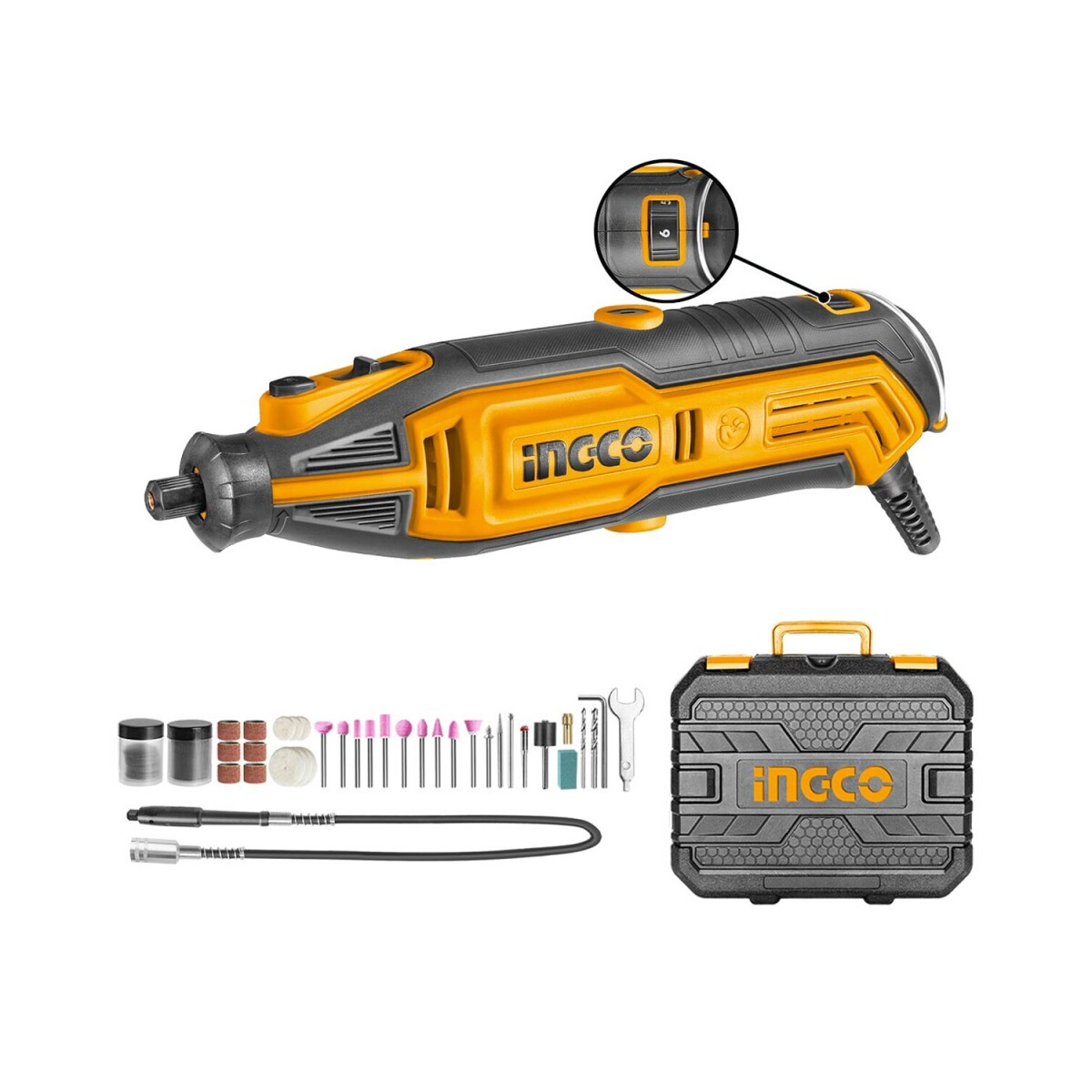 Mini torno Ingco 130W 35000 RPM con 109 accesorios y maleta 
