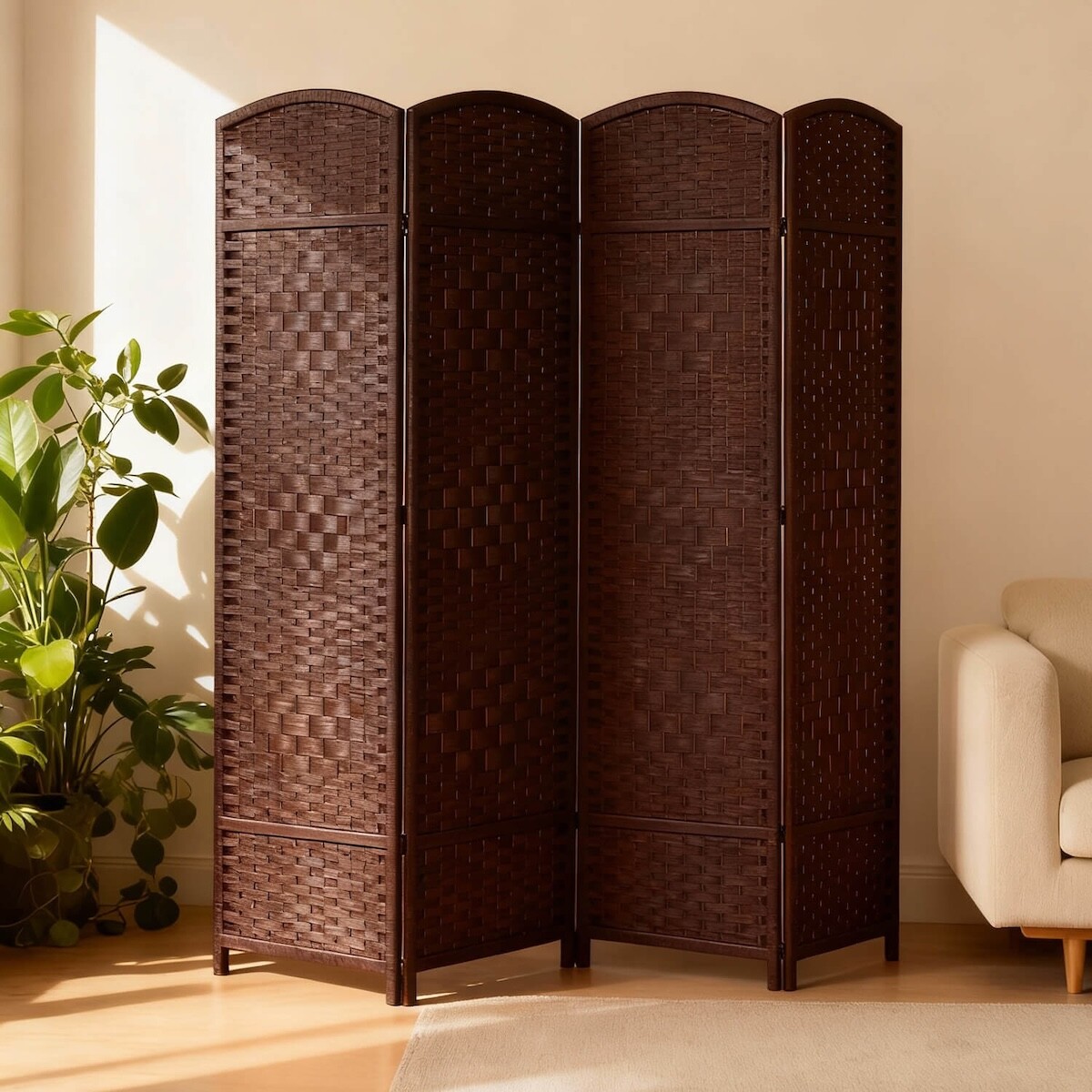 Biombo Divisor Separador Ambientes 4 Paneles Rattan 180m Rattan Imback Color Marron Oscuro 